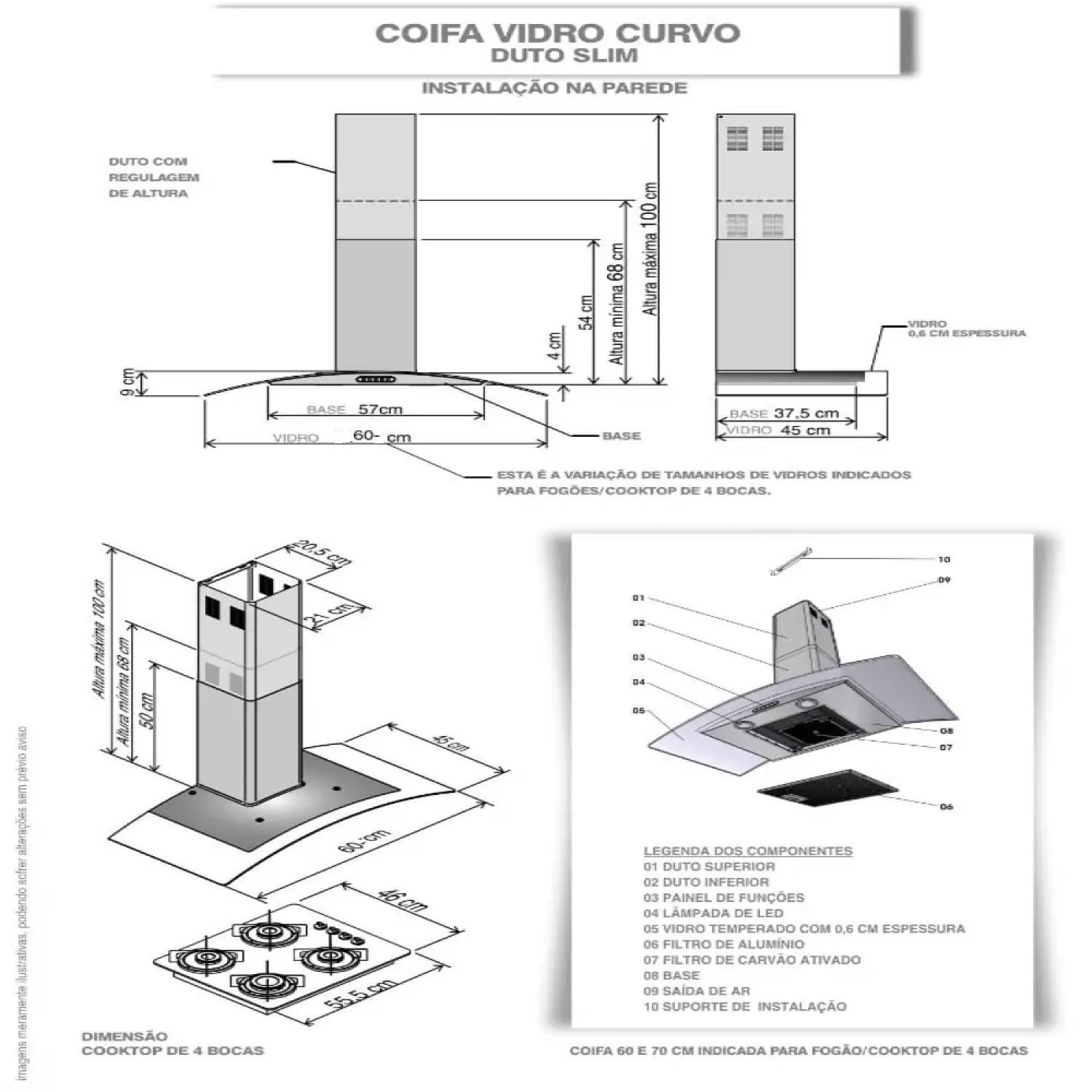 Coifa de Parede 60cm Vidro Curvo Clean 220v Kromanox Fogatti - 4