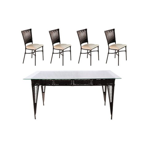 Jogo de Jantar Mesa Retangular 1,70x1,00 e 4 Cadeiras em Aço e Junco Tabaco Terena Assento Bege