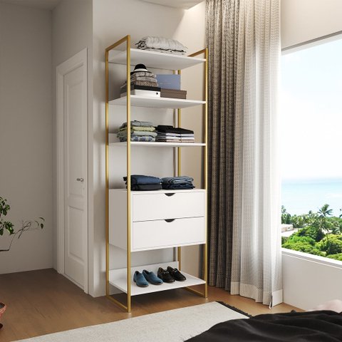 Closet Solteiro Estilo Industrial Loft 1 Módulo com Gaveta Branco Base Dourada