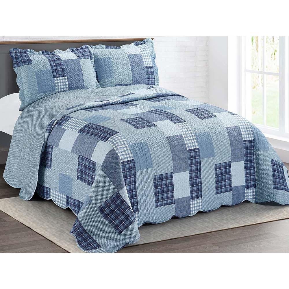 Colcha Patchwork Solteiro Camesa Cadre 2 Peças Matelassê Azul - 1