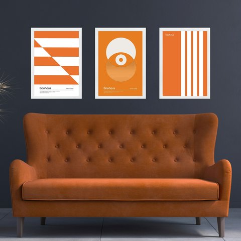 Kit 3 Quadros Artes Bauhaus Laranja e Branco 24x18cm:moldura Preta