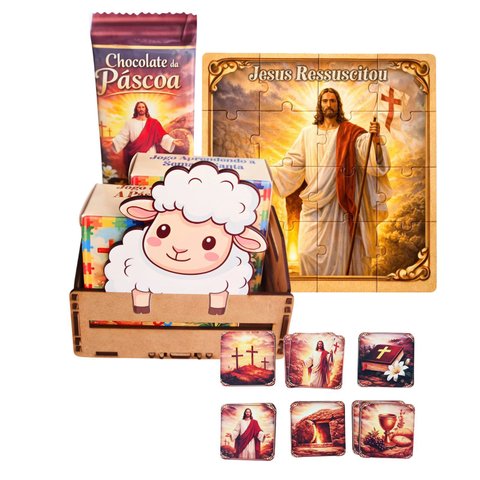 Cestinha de Páscoa Cordeiro com Chocolate e Jogos Religiosos Exclusivos