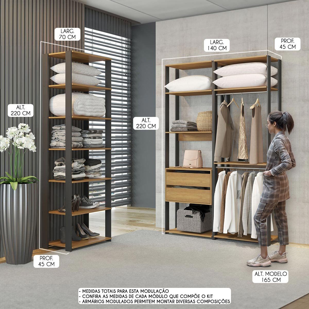 Guarda Roupa Modular para Closet Aberto 70/140x220cm 3 Peças Mdp ...