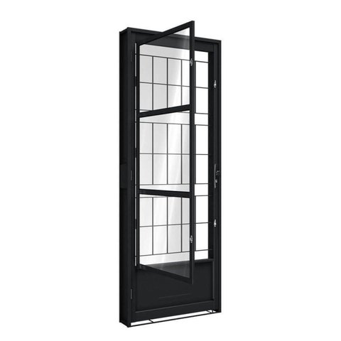 Porta de Aço de Giro com Postigo e Grade Quadrada 215x85cm Aço Pronto Riobras Abertura Esquerda Preto