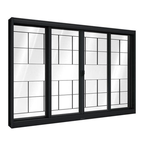 Janela de Aço de Correr Central com Grade Quadrada 4 Folhas 100x100cm Aço Pronto Riobras