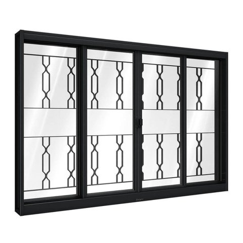 Janela de Aço de Correr Central com Grade Mosaico 4 Folhas 100x200cm Aço Pronto Riobras Preto