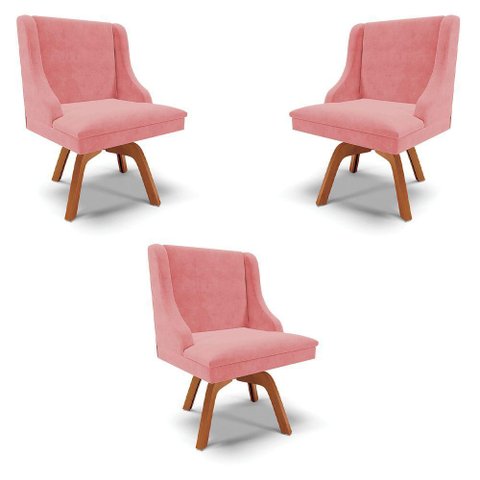 Kit 3 Cadeiras Decorativas Sala de Jantar Base Giratória de Madeira Firenze Suede Rosê/natural G19