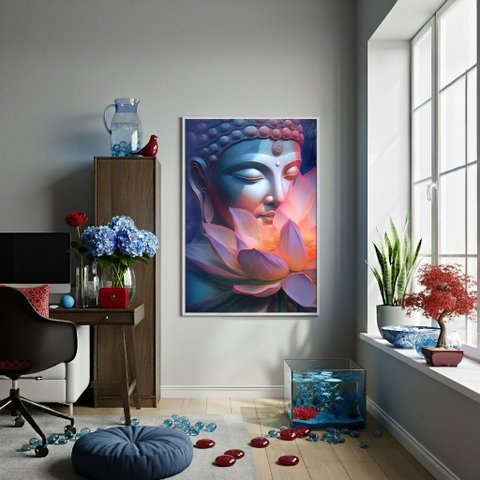 Quadro Buda Flor de Lotus - 70x50cm:moldura Preta