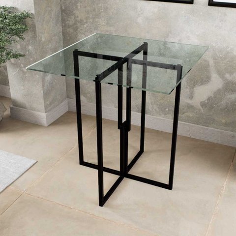 Mesa Quadrada Industrial 70cm Preta Tampo de Vidro Temperado