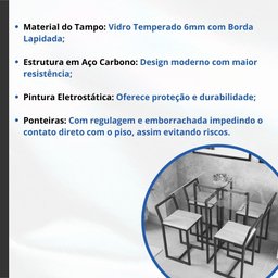 Mesa Quadrada Industrial 70cm Preta Tampo de Vidro Temperado - 4