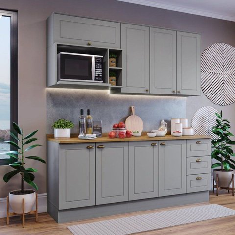 Cozinha Compacta Modulada 5 Peças com Balcão para Cooktop Emily Espresso Móveis Cinza/Nature