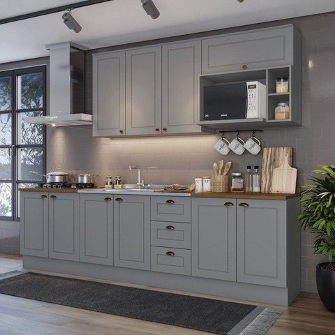 Cozinha Completa Modulada 6 Peças 100% MDF com 3 Balcões e Nicho para Microondas Cinza/Nature Emily