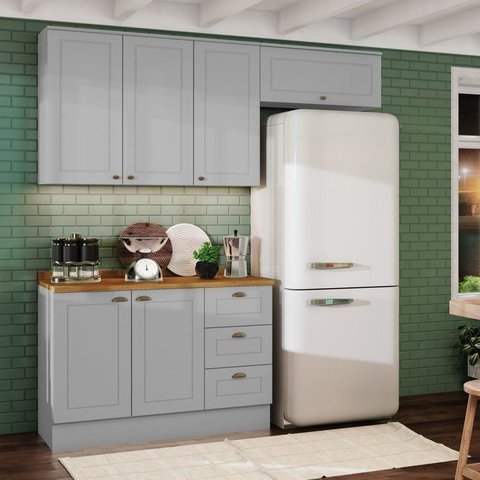 Cozinha Compacta Modulada 6 Portas 3 Gavetas Emily Cinza/Nature