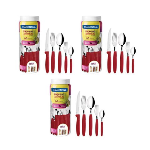3 Faqueiros Inox 30 Peças Ipanema Vermelho Tramontina