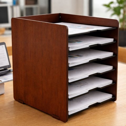 Organizador de Escritório para Folhas A4 em Mdf com 6 Divisórias Marrom