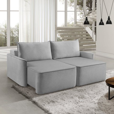 Sofá Retrátil 2 Lugares 160cm Linho Moon Pés Madeira Cinza