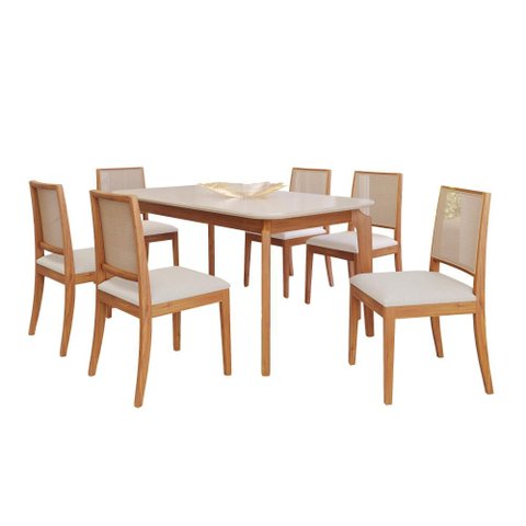 Conjunto de Jantar Ficus Mesa e 6 Cadeiras Buriti em Vidro Temperado Off White - Madeira/Offwhite/