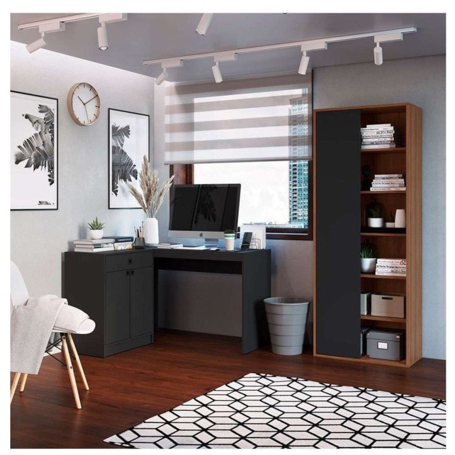 Conjunto Home Office 2 Peças 1 Peça Escrivaninha em L 1 Peça Livreiro Grafite/Mel Espresso Móveis - 1