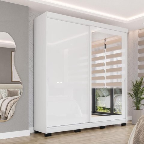 Roupeiro Porto 2 Portas de Correr com Espelho 177x213cm Branco 240849