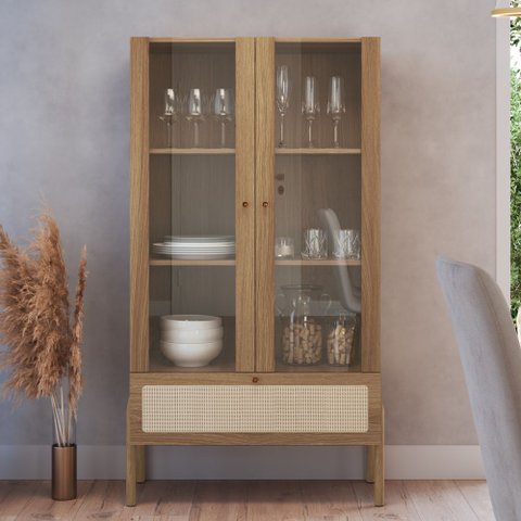 Cristaleira 2 Portas Vidro 1 Gaveta 83cm Palhinha Pé Madeira Oslo Artesano | Hanover