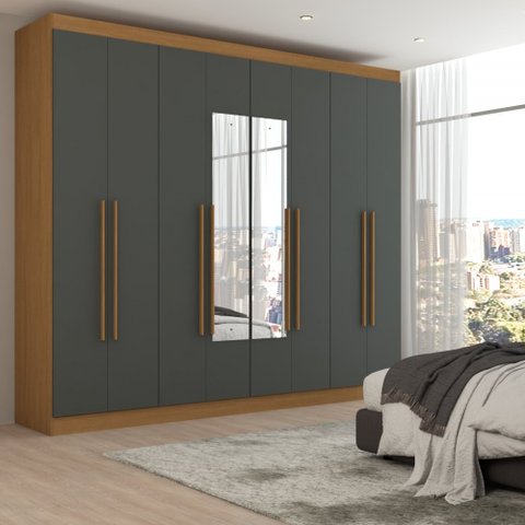 Guarda-roupa Ele e Ela 8 Portas 8 Prateleiras com Espelho Cinamomo/chumbo - Panorama Móveis
