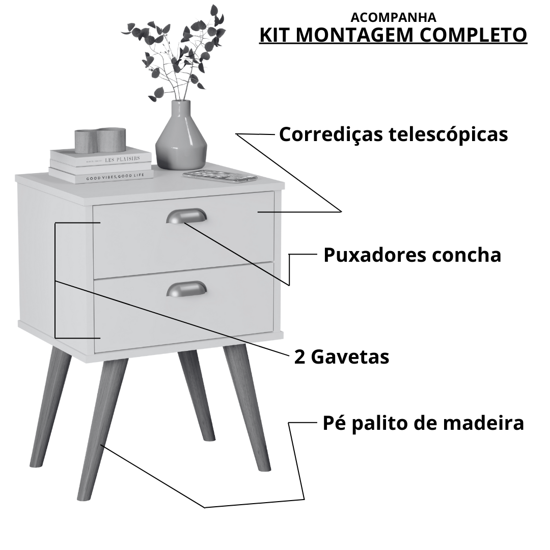 Mesa de Cabeceira Branco Brilho com Duas Gavetas Grandes Puxador Concha - 3