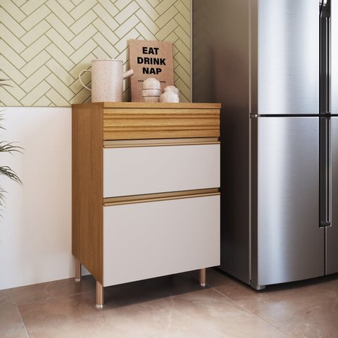 Balcão de Cozinha 1 Porta 2 Gavetas Ripadas Fecho Click 60cm com Pés e Tampo 100% BP Organic Marrom/