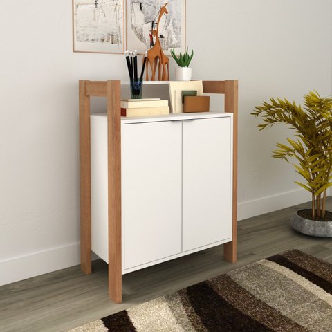 Armário Baixo 2 Portas para Escritório com Prateleiras Amêndoa/Branco AZ1008