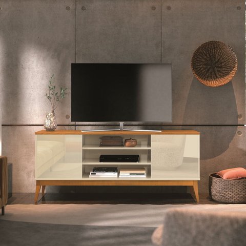 Rack para TV até 65 Polegadas 160cm Pés em Madeira Maciça Titan Bege Off White/Cedro