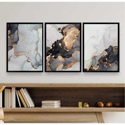 Kit 3 Quadros Abstratos Sala Aquarela mármore 33x24cm:madeira Branca