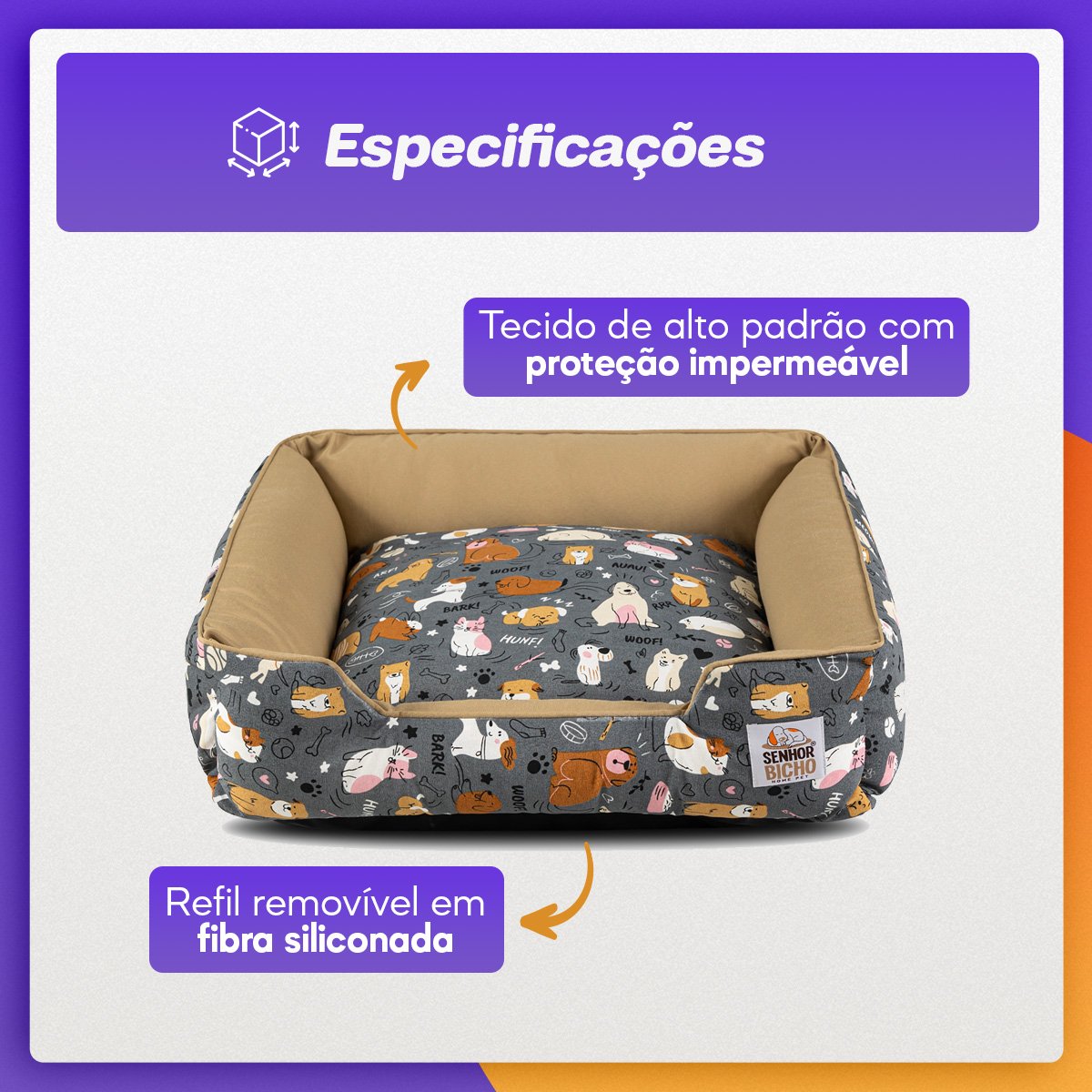 Cama de Cachorro Impermeável com Zíper Pandora 63x63 Aumigos Fendi - 2