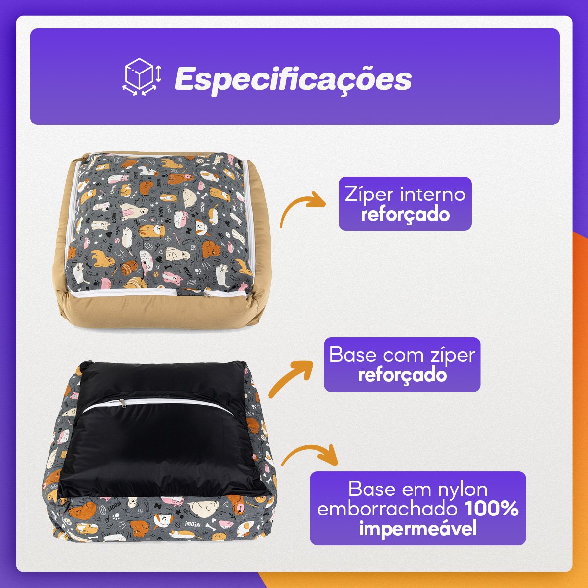 Cama de Cachorro Impermeável com Zíper Pandora 63x63 Aumigos Fendi - 4