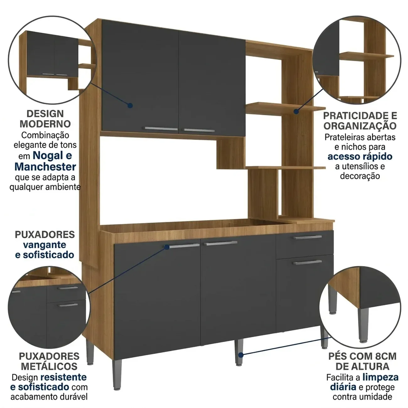 Ver imagem 5 de Cozinha Compacta 152cm com 5 Portas e 1 Gaveta Hera Marrom Nogal/Grafite