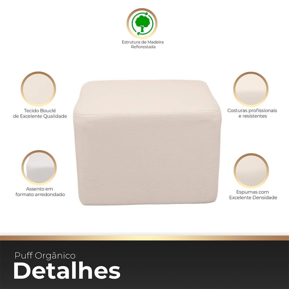 Puff Retangular Decorativo para Sala Orgânico Confortável e Reforçado Bouclé Branco - 3