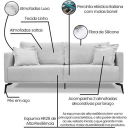 Sofa Liv 2 Lugares 180cm Pes Aço Linho 232 Grigio Ezz - 3