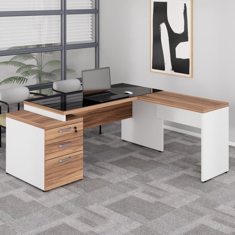 Mesa para Escritório em L com Vidro Fumê 1,92x1,60m Nogal Sevilha / Champanhe