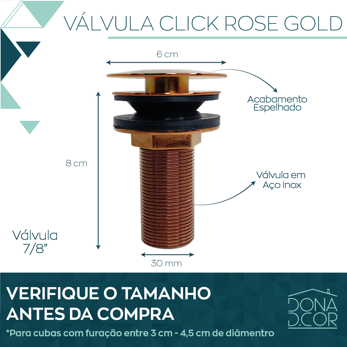 Valvula Ralo Click Rose Gold 7/8 inox Pia Lavatório Cuba 3cm - 2