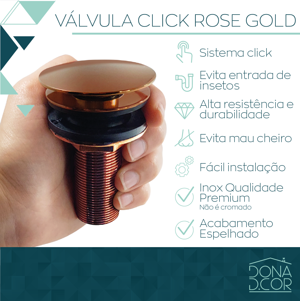 Valvula Ralo Click Rose Gold 7/8 inox Pia Lavatório Cuba 3cm - 6
