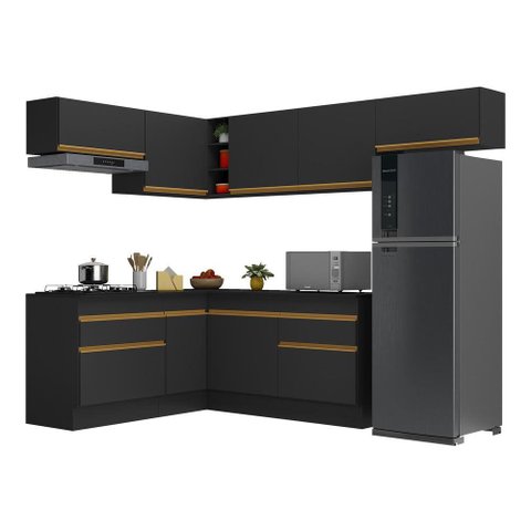 Armário de Cozinha Completa de Canto com Rodapé Veneza Multimóveis V2104 Preto/Dourado