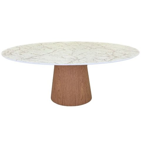 Mesa de Jantar Cone Oval 160x90 cm Tampo Marmorizado Calacata Bronze - Base Freijó