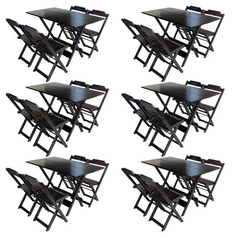 Kit 6 Conjuntos de Mesa com 4 Cadeiras de Madeira Dobrável 120x70 Tabaco