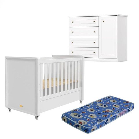 Berço Tutto New e Cômoda Infantil Mississipi Branco Fosco com Colchão Ortobom - Matic