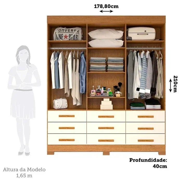 Ver imagem 3 de Guarda Roupa Débora 6 Portas 9 Gavetas com Espelho - Cinamomo/off White