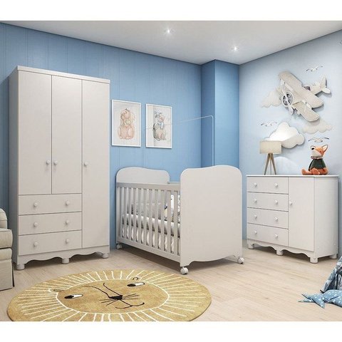 Quarto de Bebê Completo Berço Guarda Roupa 3 Portas e Cômoda 100% MDF Mimo Espresso Móveis Branco