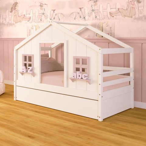 Bicama Casinha Dos Sonhos Madeira Maciça Branco/ Rosa Megamobilia