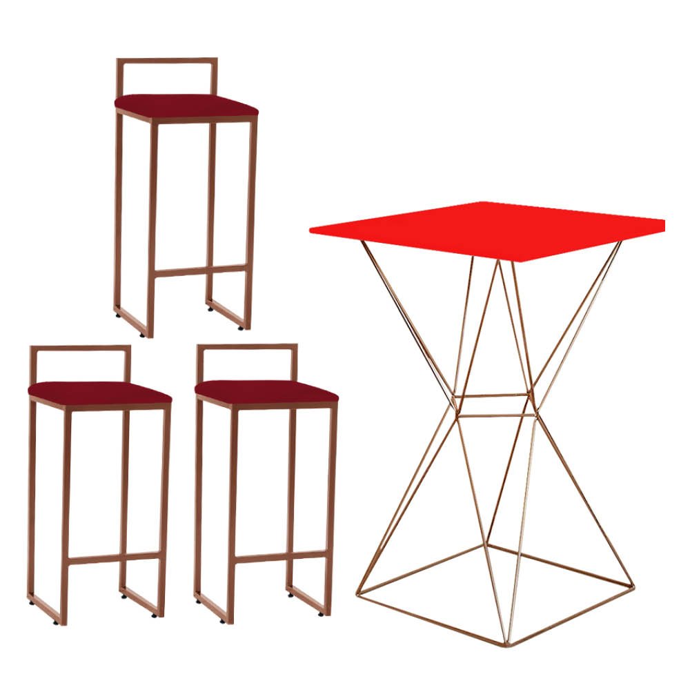 Mesa Bistrô Lucca e 03 Banquetas Alta Lina Bar Balcão Ferro Bronze Tampo Vermelho Suede Vermelho - 1