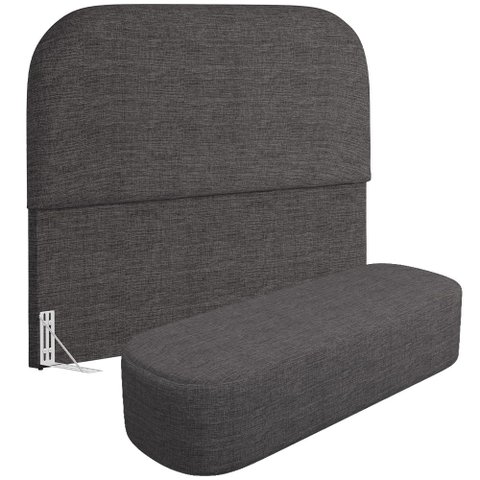 Cabeceira Cama Box Casal 140cm Lanna com Puff Recamier Doha W01 Linho Cinza Escuro - Lyam Decor