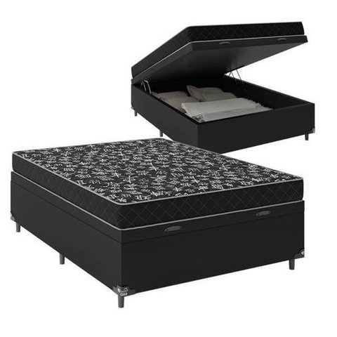 Cama Box Baú Casal Resistence Suede Preto + Colchão Casal Resistence Espuma D23 Com EPS 14x138x188