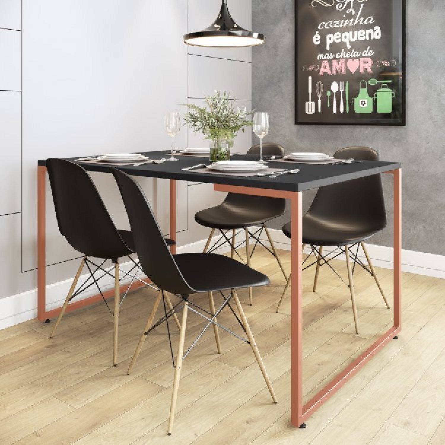 Conjunto Mesa de Jantar Industrial com 4 Cadeiras Base Madeira Eames Espresso Móveis - 1