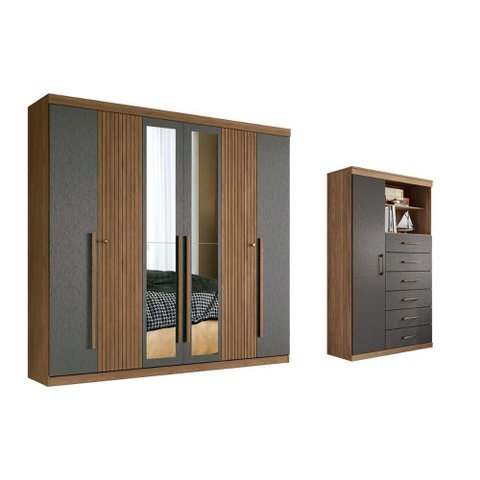 Quarto Completo Casal Guarda Roupa 6 Ptas Buriti + Cômoda Marabá Grafite S. Andirá
